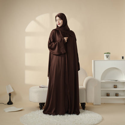 Luxury Satin Modest Abaya Set 4-Piece – Elegant Open Abaya, Top, Pants & Matching Hijab(MOA034)