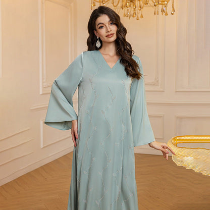 Luxury Textured Satin Diamond Embellished Robe Dress - High-End V-Neck Evening Gown with Flared Sleeves(MA276)