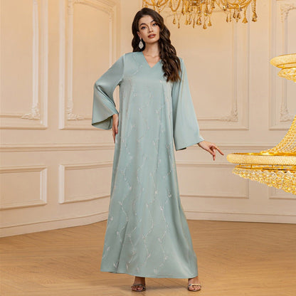 Luxury Textured Satin Diamond Embellished Robe Dress - High-End V-Neck Evening Gown with Flared Sleeves(MA276)