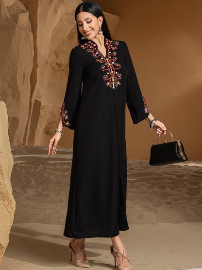 Luxury V-Neck Black & Gold Rice Bead Embroidered  Party & Wedding Abaya (MA187)