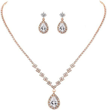 MAC181 Brilliant Full Diamond Zircon Drop Necklace And Earrings