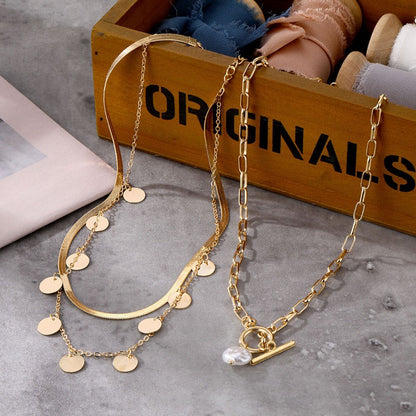 Multi-layer pendant OT lock buckle pearl pendant retro personalized necklace(MAC209)