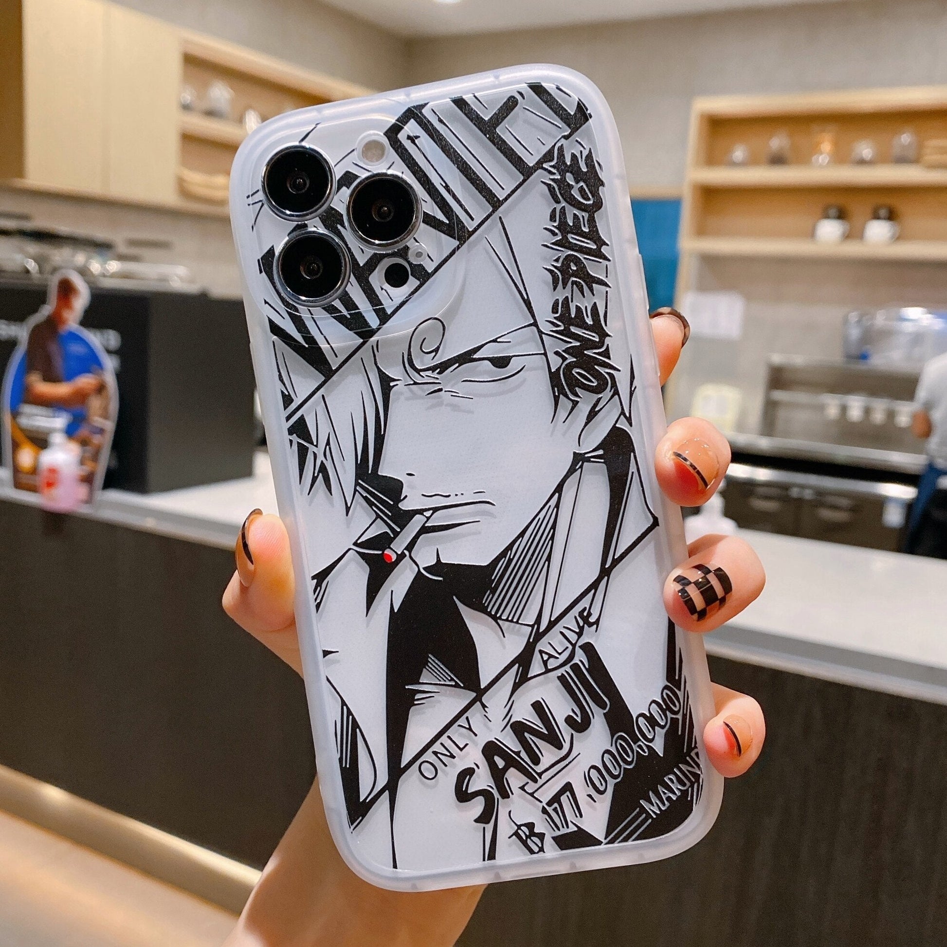 MAOKEI Sanji phone case for iPhone 14 with detailed design featuring Sanji from One Piece, showcasing vibrant artwork.