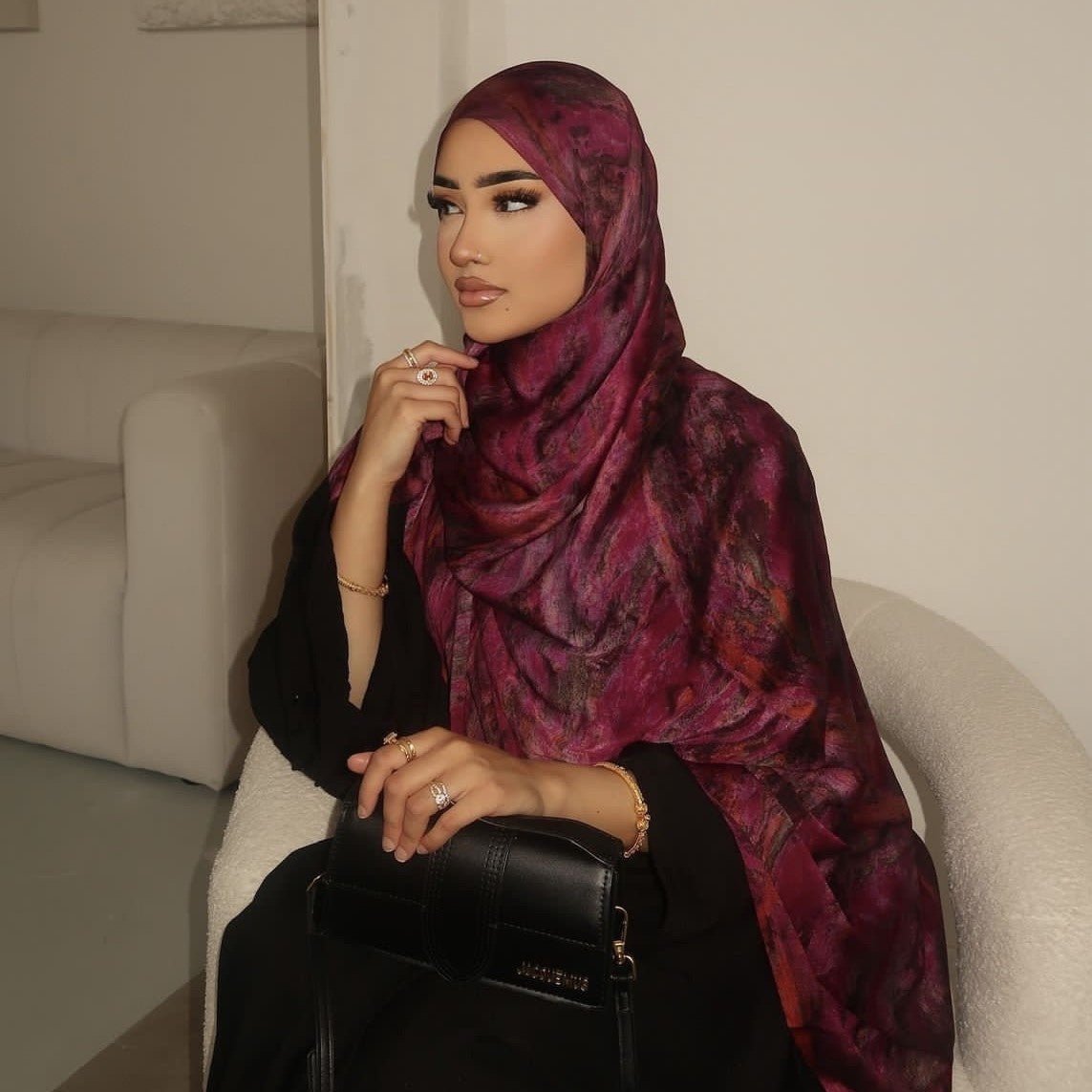 Mariams Collection satin marble print hijab in elegant design, 180cm long, showcasing smooth satin fabric and stylish marbled pattern.