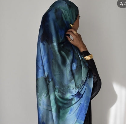 Mariams Collection satin hijab with elegant marble print, lightweight satin fabric, 180cm length, stylish and comfortable.