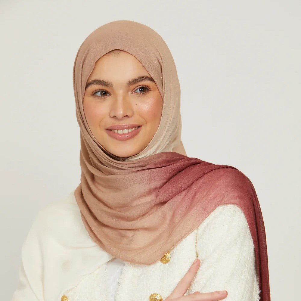 Lightweight breathable gradient shawl hijab in soft pastel tones from Mariam's Collection, draped elegantly.