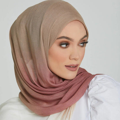 Lightweight breathable gradient shawl hijab in soft pastel shades from Mariam's Collection, draped elegantly.