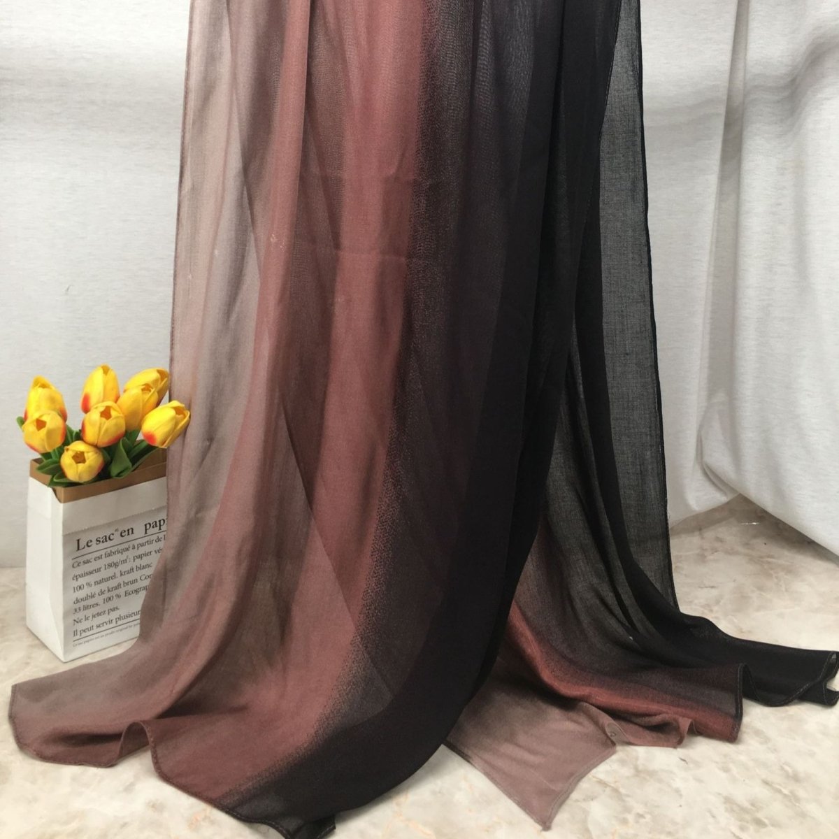 Lightweight breathable gradient shawl hijab from Mariam's Collection, draped to show soft fabric and stylish design.
