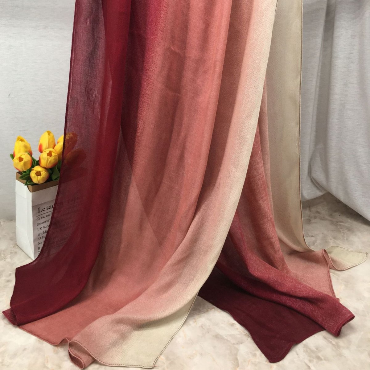 Lightweight breathable gradient shawl hijab from Mariam's Collection, featuring soft fabric and stylish design.