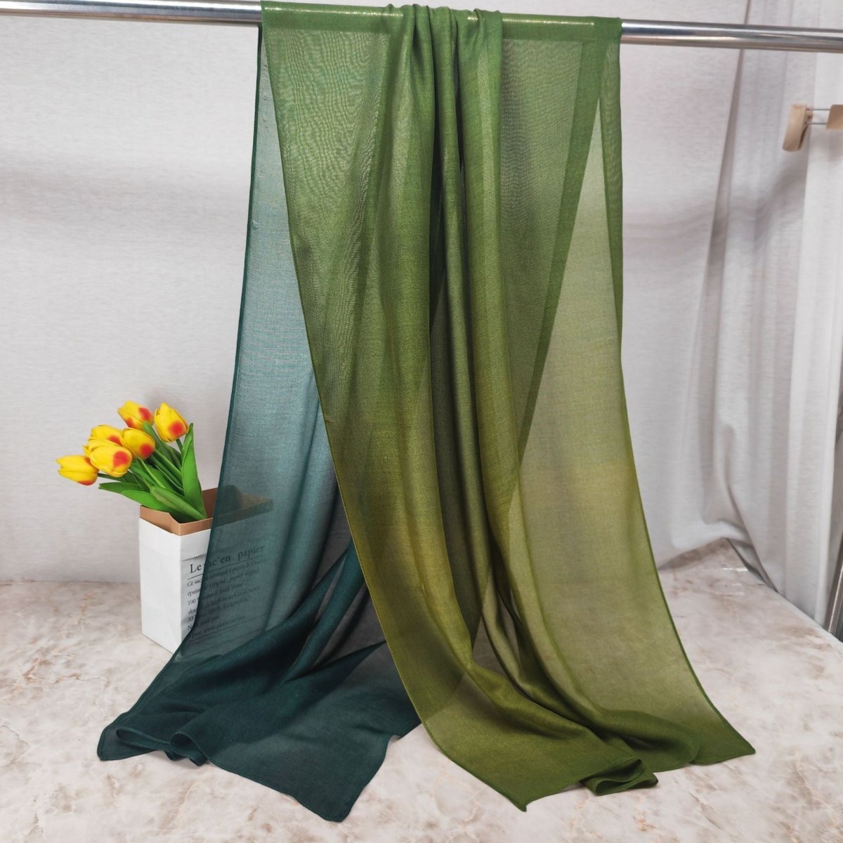 Modal gradient soft hijab by Mariam's Collection with color transition, flowing natural fabric, and stylish drape.
