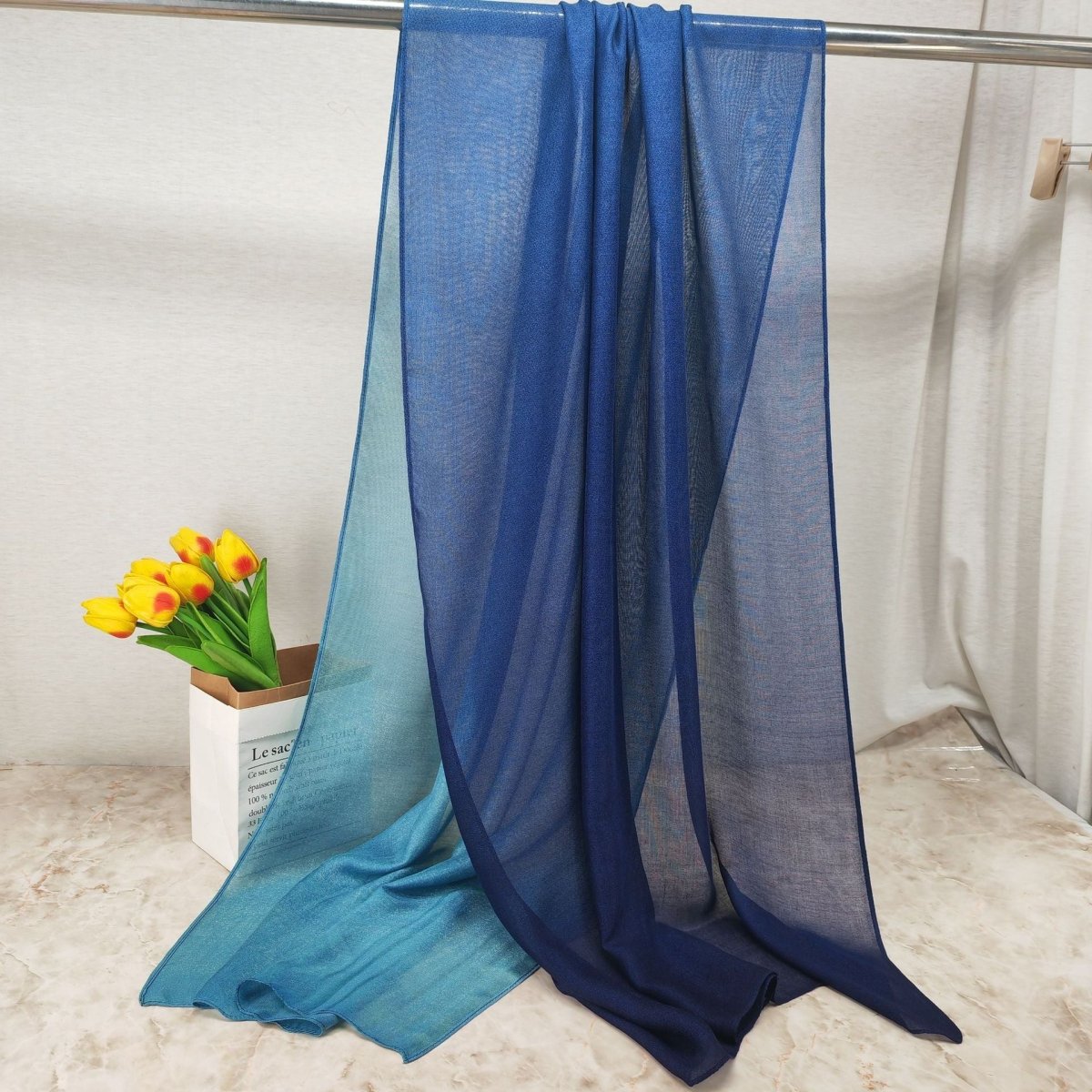 Mariams Collection Modal Gradient Soft Hijab in color transition with natural flow, showcasing smooth fabric and elegant drape.