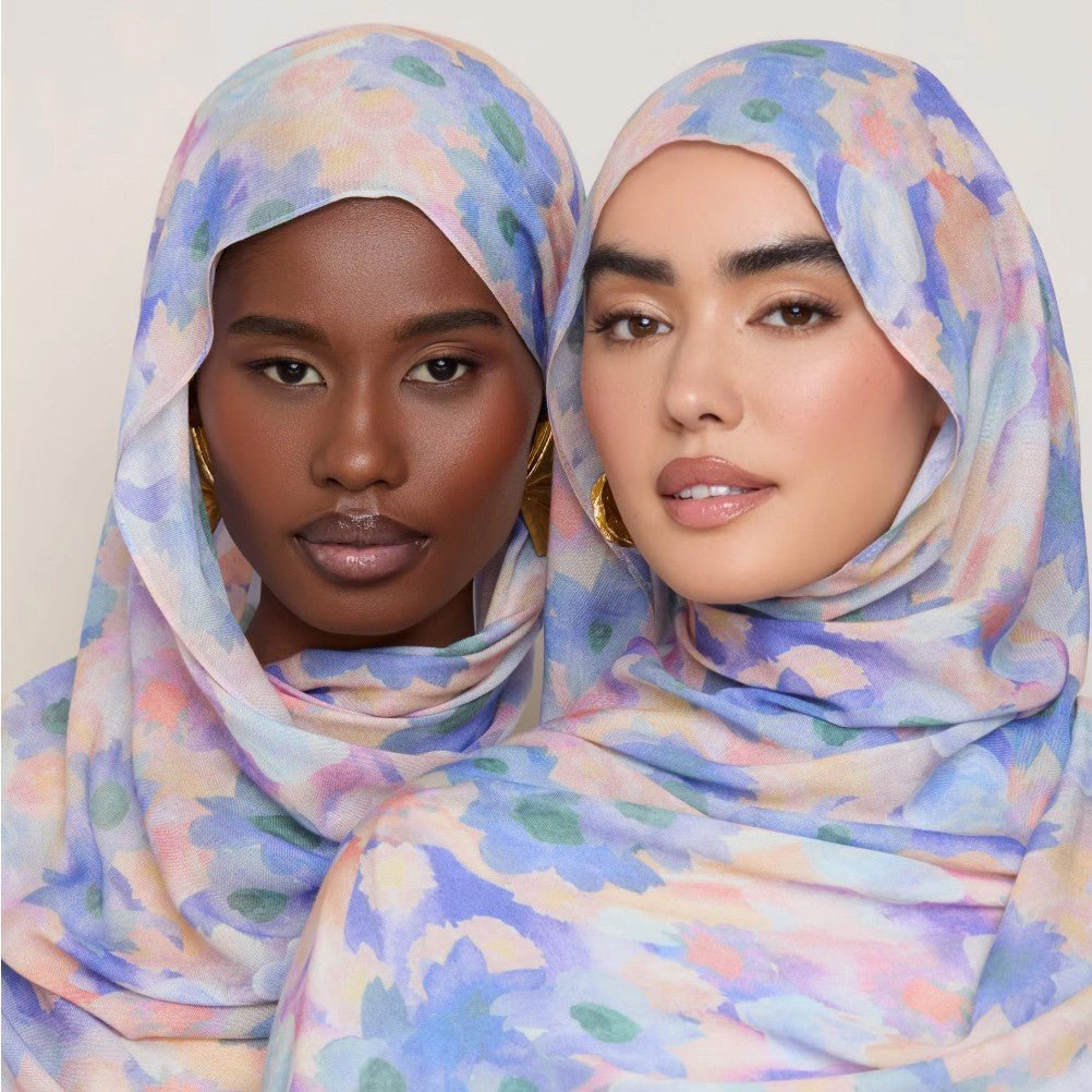 Vibrant floral print hijab scarf by Mariam's Collection, lightweight botanical headscarf in bright, colorful floral design.