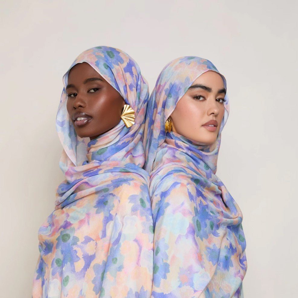 Vibrant floral print lightweight hijab scarf from Mariam's Collection with botanical design, 180x70cm, versatile head covering.
