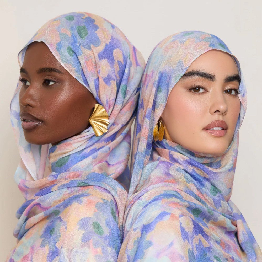 Vibrant floral print lightweight hijab scarf from Mariam's Collection with botanical design, 180x70cm, versatile head covering.