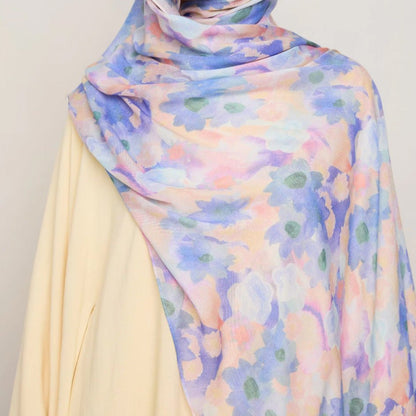 Vibrant floral print lightweight hijab scarf from Mariam's Collection, botanical design, 180x70cm, stylish head covering.