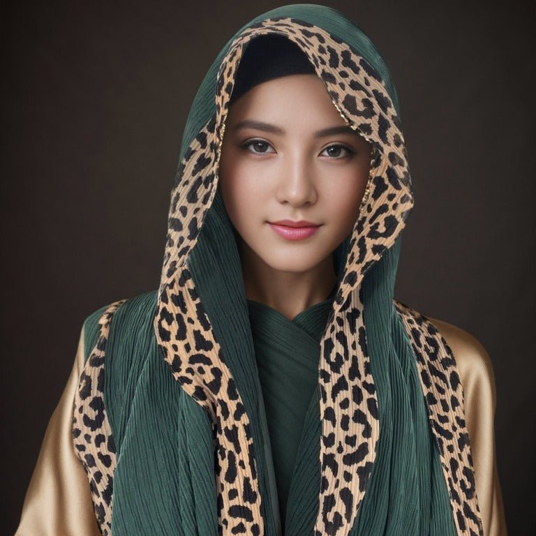 Black leopard-print crinkle hijab with embellished details, long 180cm solid color scarf from Mariam's Collection.