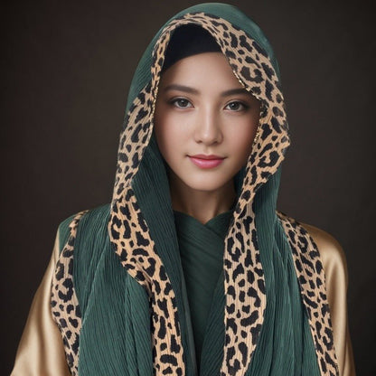 Black leopard-print crinkle hijab with embellished details, long 180cm solid color scarf from Mariam's Collection.
