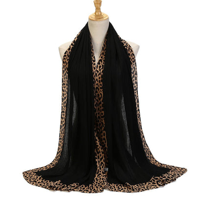 Black leopard-print crinkle hijab scarf with embellished details from Mariam's Collection, 180cm long and solid color design.