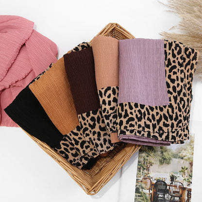 Black solid color leopard-print embellished crinkle scarf hijab from Mariam's Collection, 180cm long, stylish and lightweight.