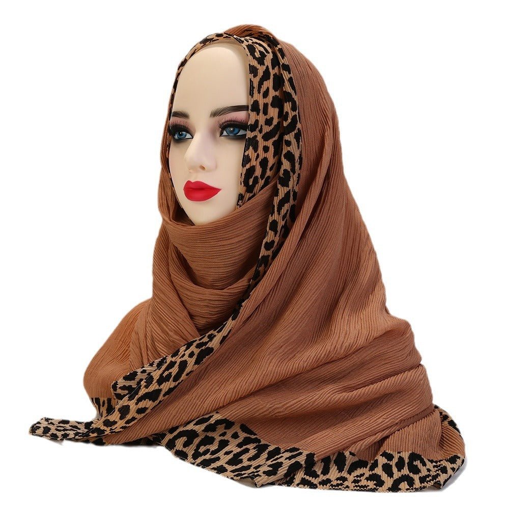 Black leopard-print embellished crinkle hijab scarf from Mariam's Collection, 180cm long, stylish and comfortable for daily wear.