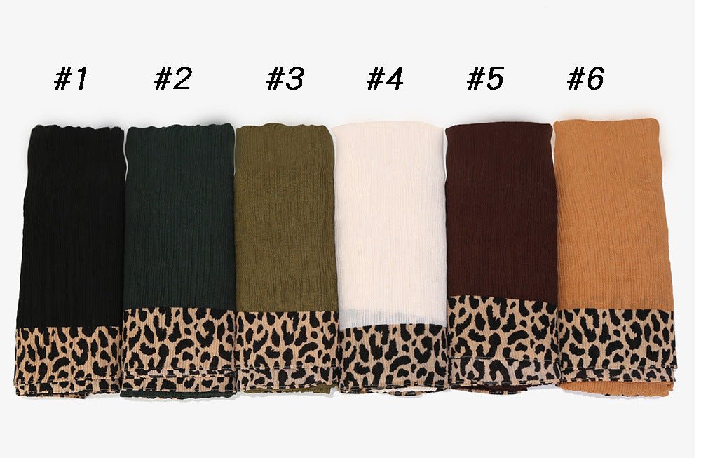 Black leopard-print crinkle hijab with embellished accents from Mariam's Collection, 180cm long, stylish and versatile.