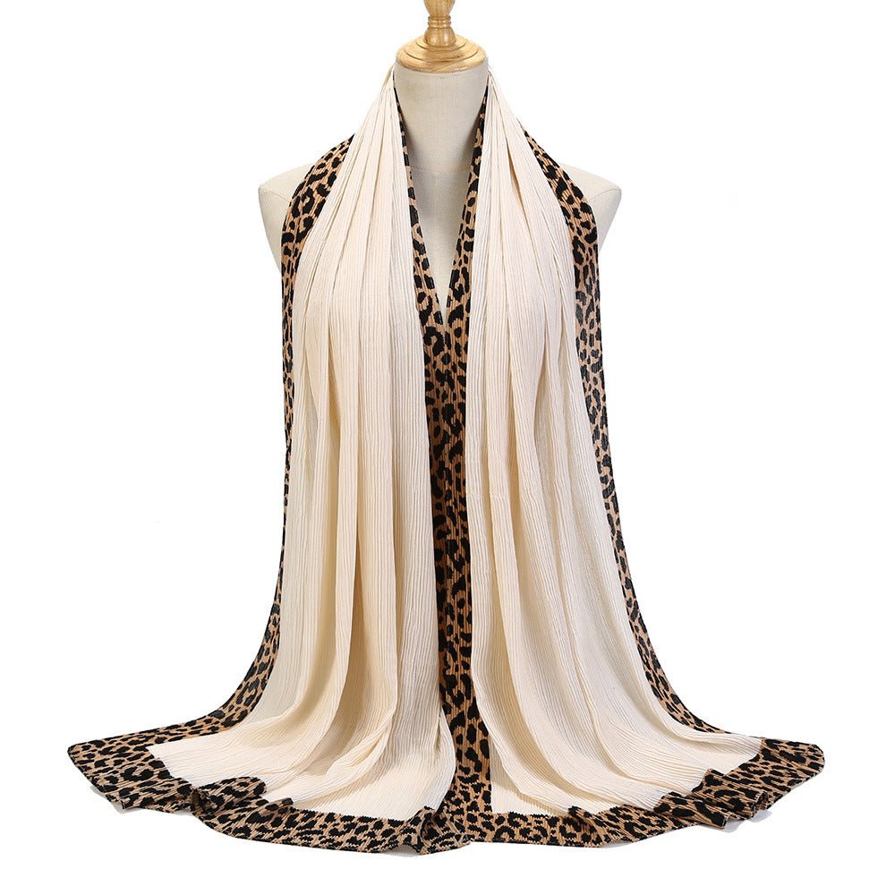 Black leopard-print crinkle hijab scarf with embellishments from Mariam's Collection, 180cm long, stylish and lightweight.