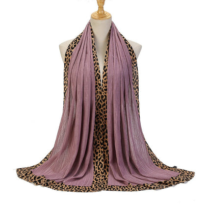 Black solid color leopard-print embellished crinkle scarf hijab by Mariam's Collection, lightweight and stylish for everyday wear