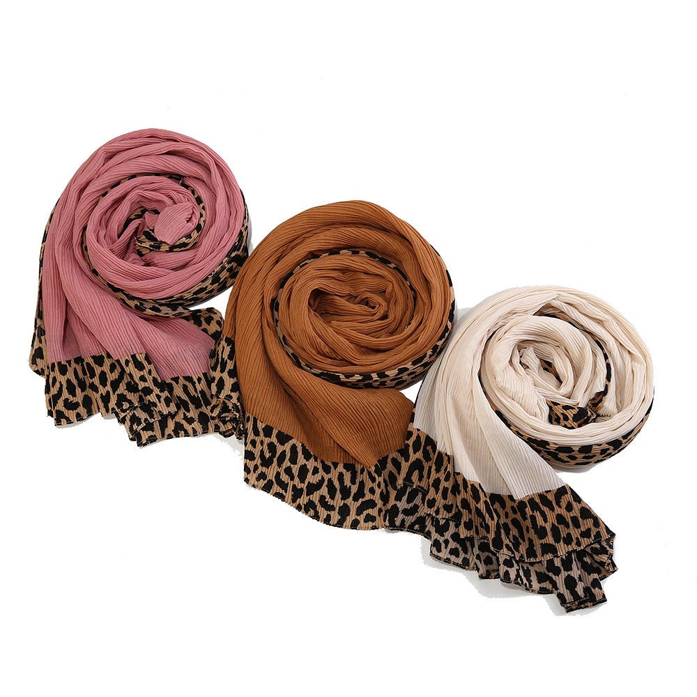 Black leopard-print crinkle hijab scarf with embellished details from Mariam's Collection, 180cm long, stylish and versatile.