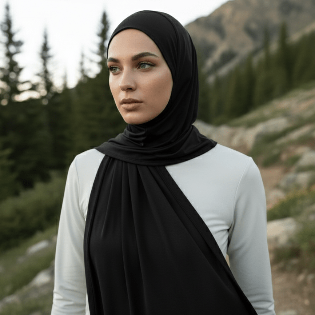 Jet black Mariam's Collection premium cooling non-slip hijab, breathable sports hijab, free size, designed for active wear.
