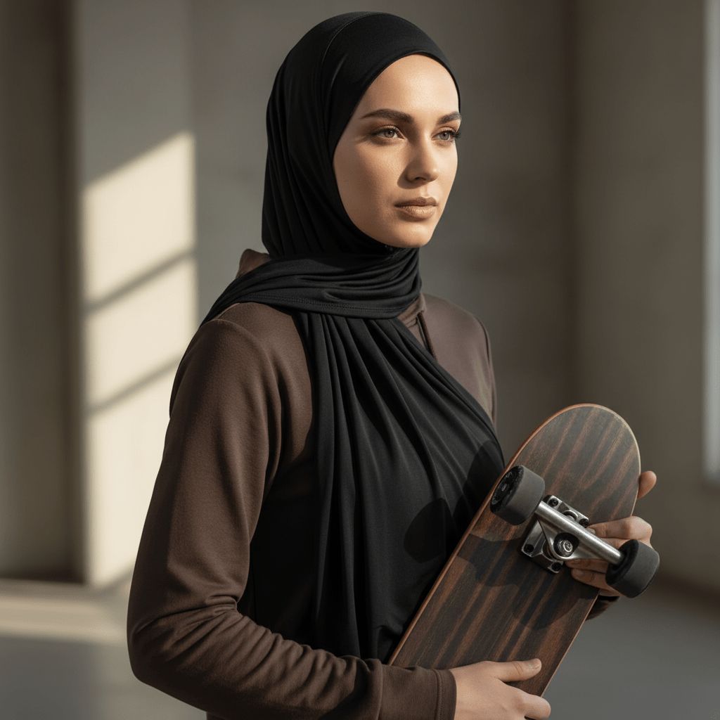 Jet black premium cooling non-slip hijab by Mariam's Collection, breathable sports hijab in free size, designed for active wear.