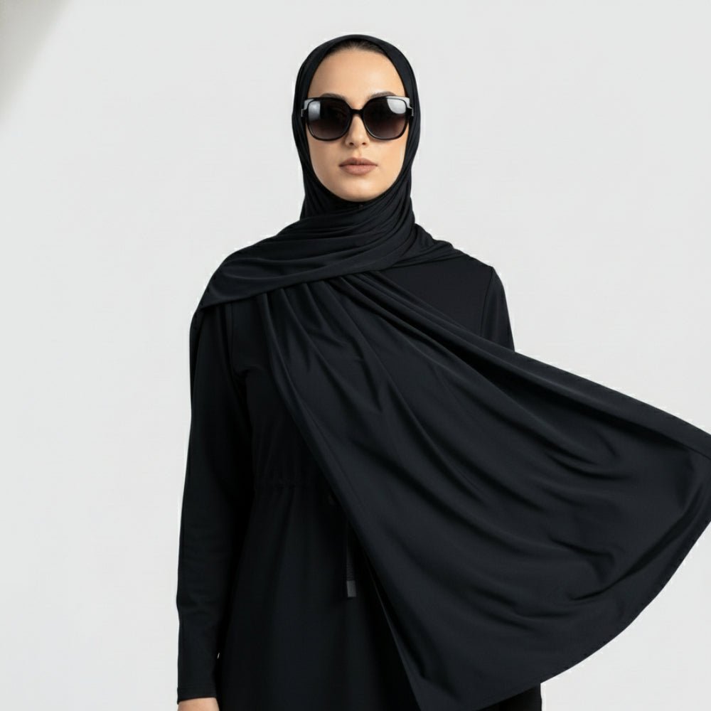 Jet black premium cooling non-slip hijab by Mariam's Collection, breathable sports hijab for comfortable active wear.
