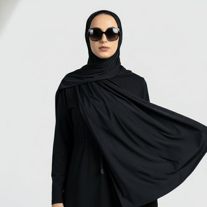 Jet black premium cooling non-slip hijab by Mariam's Collection, breathable sports hijab for comfortable active wear.