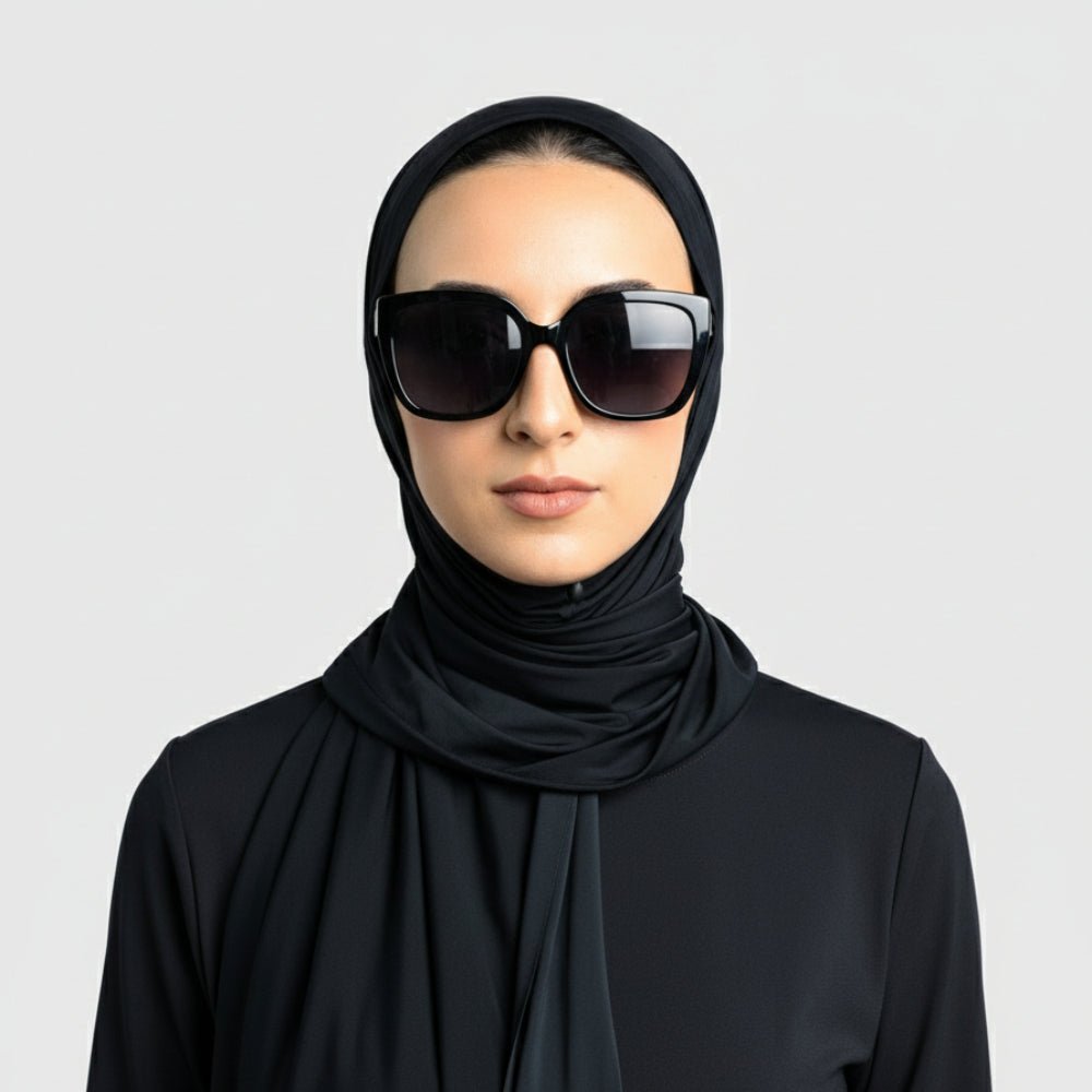 Jet black Mariam's Collection premium cooling non-slip hijab, breathable sports hijab for active wear, free size, comfortable fit.