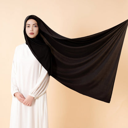 Jet black premium cooling non-slip hijab from Mariam's Collection, breathable sports hijab with secure fit and lightweight fabric.