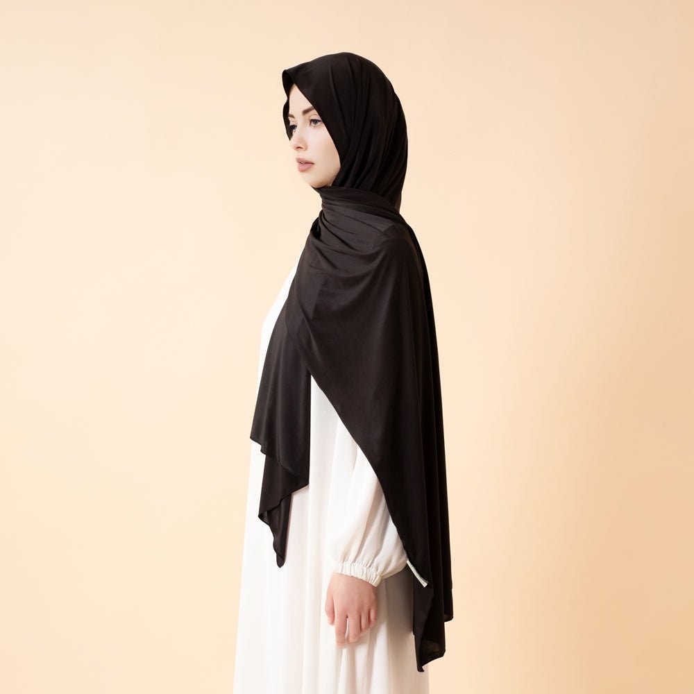 Jet black premium cooling non-slip hijab from Mariam's Collection, breathable sports hijab, free size, comfortable and lightweight.