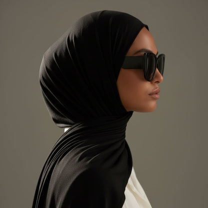 Dark midnight black premium bamboo jersey hijab by Mariam's Collection, showcasing soft, natural bamboo fabric and versatile free size.