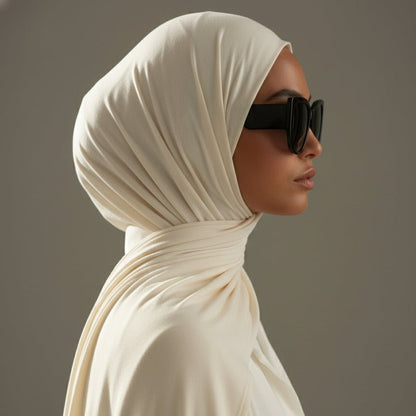 Premium bamboo jersey hijab in midnight black by Mariam's Collection, showcasing soft, breathable natural bamboo fabric.