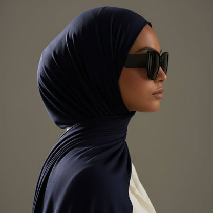 Premium bamboo jersey hijab in midnight black from Mariam's Collection, made from natural bamboo fabric, free size.