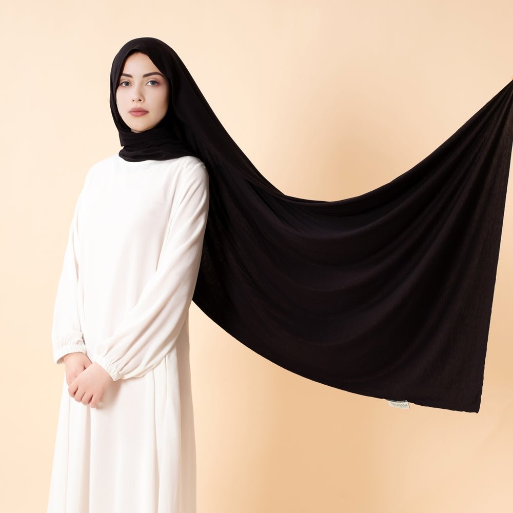 Dark midnight black premium bamboo jersey hijab from Mariam's Collection, soft, lightweight, and natural bamboo fabric.