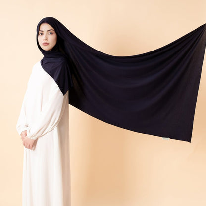 Natural bamboo hijab in midnight black, made from premium bamboo jersey by Mariam's Collection, free size and comfortable.