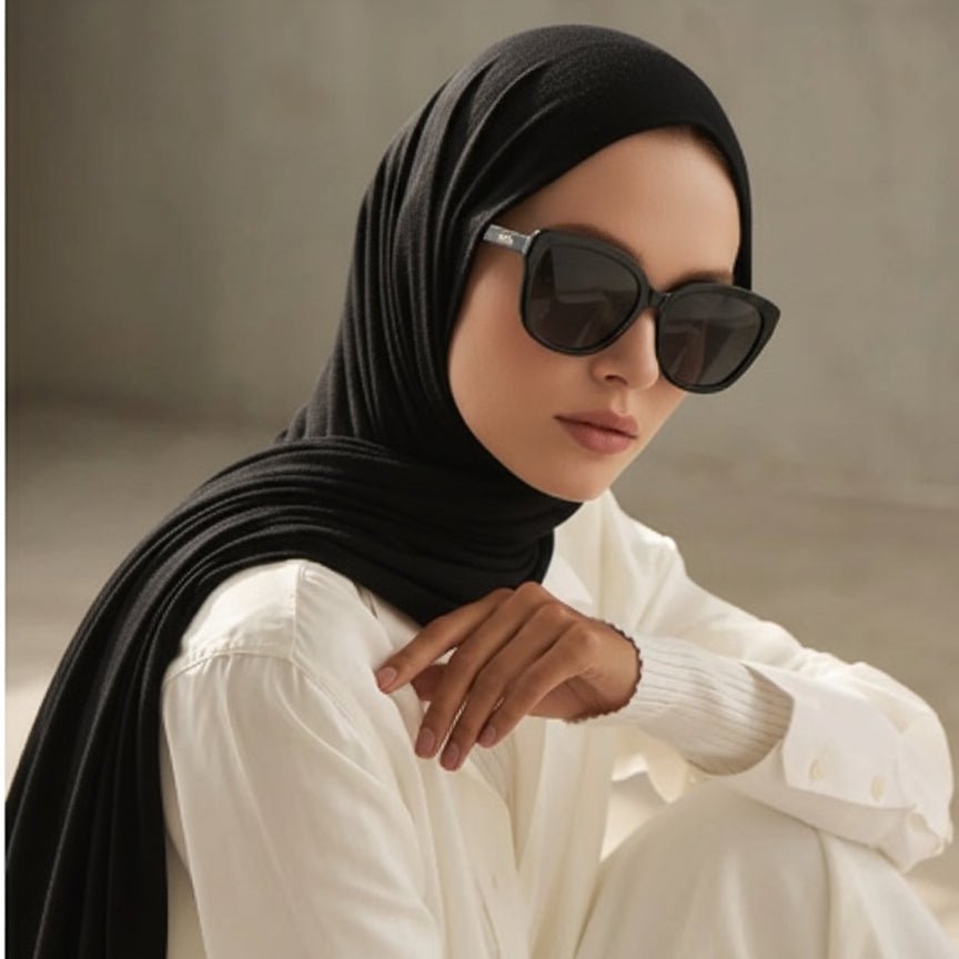 Midnight black premium bamboo jersey hijab by Mariam's Collection, natural bamboo fabric, free size, soft and lightweight.