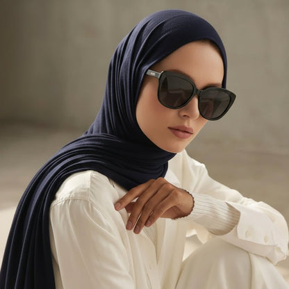 Black premium bamboo jersey hijab from Mariam's Collection, showing its soft, lightweight fabric and free-size fit.