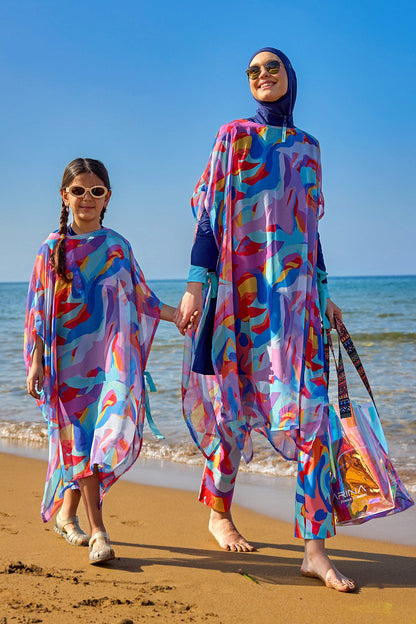 Colorful Marina Modest girls' beach cover-up chiffon kimono, lightweight and vibrant for girls' swimwear.