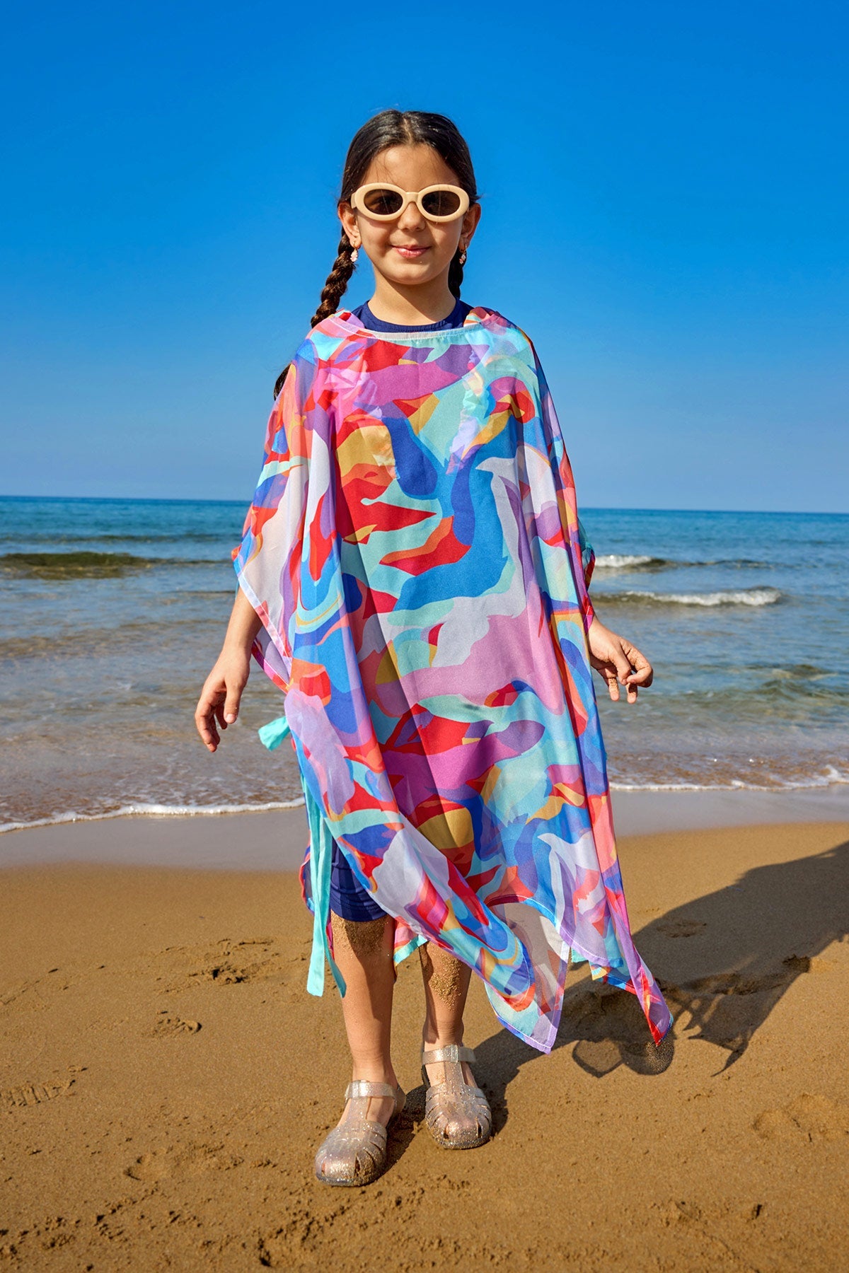 Colorful Marina Modest girls' beach cover-up chiffon kimono, perfect for swimming and beach wear.