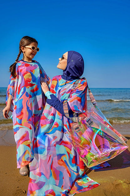 Colorful Marina Modest girls' chiffon kimono beach cover-up, lightweight and stylish for kids, perfect for seaside wear.