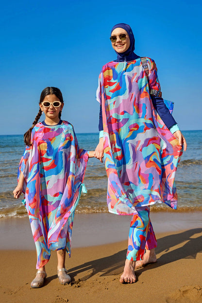 Colorful Marina Modest girls' beach cover-up chiffon kimono with vibrant patterns, perfect for summer beach days.