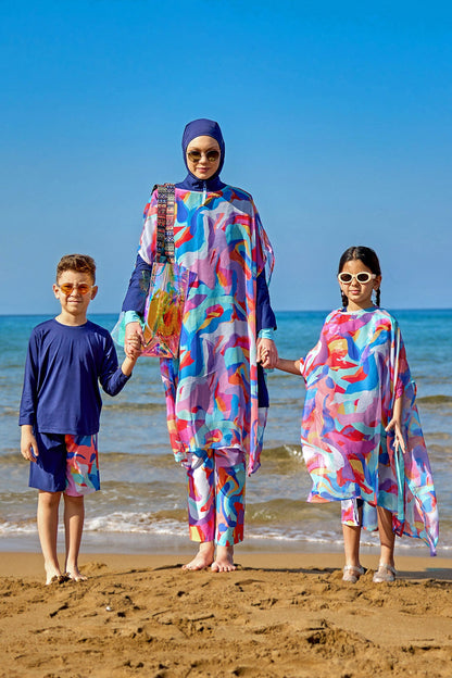 Colorful Marina Modest girls' beach cover-up chiffon kimono, lightweight and vibrant for girls' swimwear fashion.