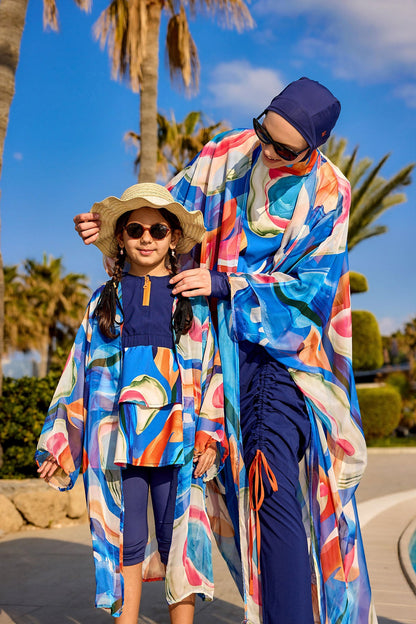 Colorful chiffon kimono beach cover-up for girls by Marina Modest, featuring a lightweight, vibrant design.
