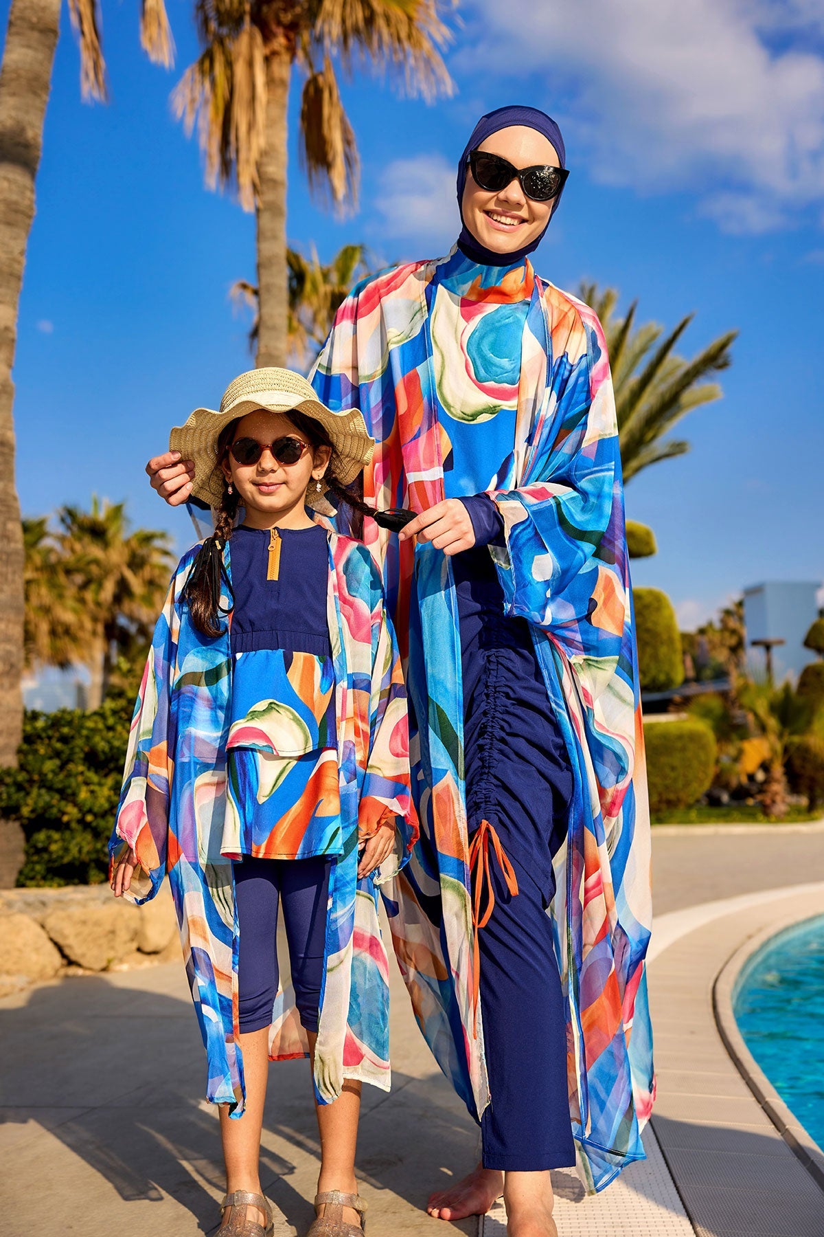 Colorful chiffon kimono beach cover-up for girls by Marina Modest, featuring a lightweight, vibrant design perfect for seaside outings.