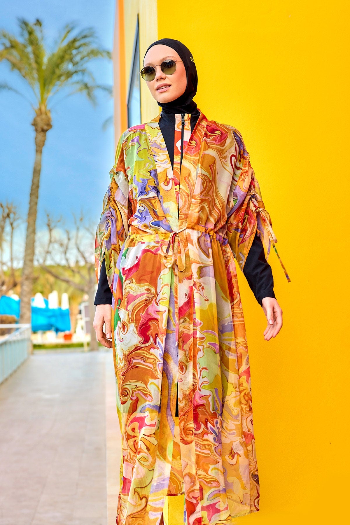 Silky Modest full coverage kimono pareo by Marina Modest, lightweight and elegant beach cover-up with a flowing, silky fabric.